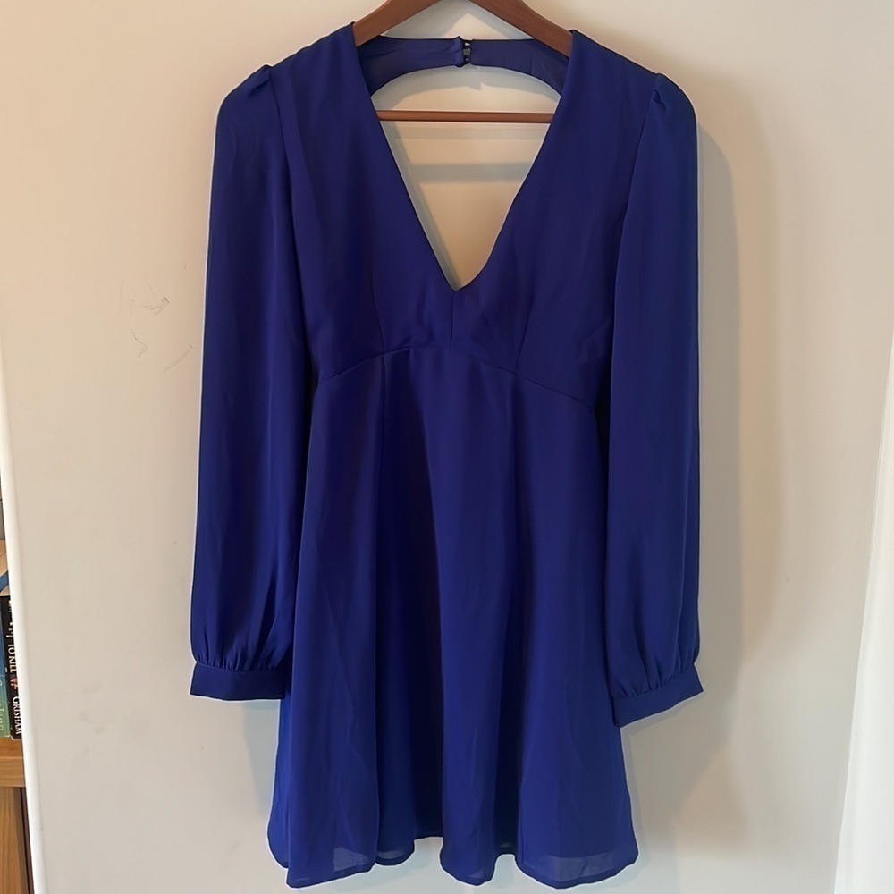 Lulu's Deep-v Backless Flare Mini Dress Longsleeve - Picture 5 of 12
